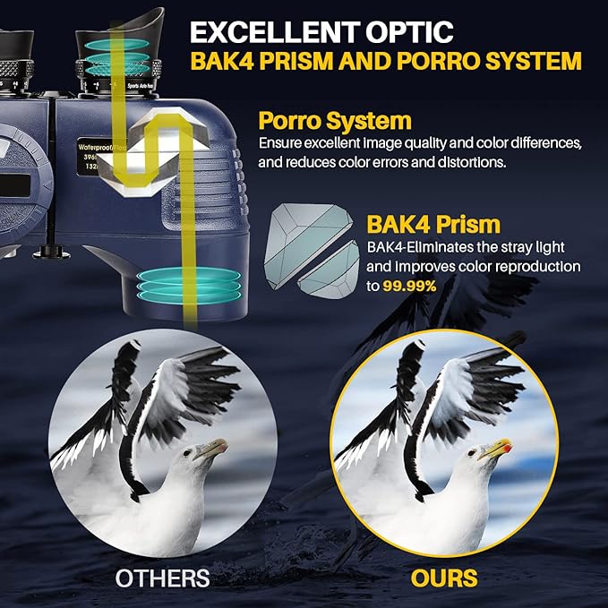 10x50 Marine Binoculars with Compass for Adults - Waterproof BAK4 Prism FMC Lens Binoculars with Rangefinder Compass and Shoulder Harness Strap for Navigation Hunting Bird Watching