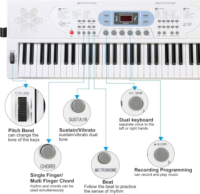 Keyboard Piano Lighted Keys for Beginner Adults Teens Kids, 61 Key Electronic Music Keyboard with Teaching Modes Powered by USB or Battery with LCD Display Microphone Headphone Jack