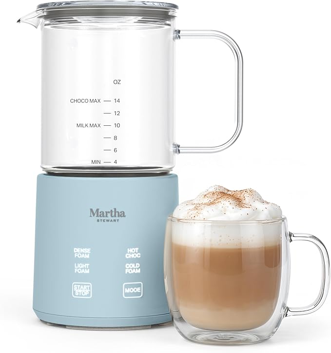 Martha Stewart Milk Frother and Steamer, 10oz/300ml Glass Cup, 4 Presets (Cold Foam, Light, Dense & Hot Chocolate), Ready in 90 Seconds, Cordless Pouring, One-Touch for Hot and Cold Milk, Sky Blue