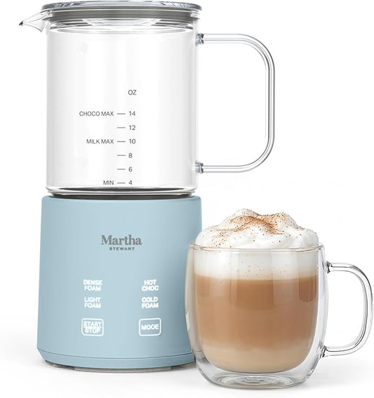 Martha Stewart Milk Frother and Steamer, 10oz/300ml Glass Cup, 4 Presets (Cold Foam, Light, Dense & Hot Chocolate), Ready in 90 Seconds, Cordless Pouring, One-Touch for Hot and Cold Milk, Sky Blue
