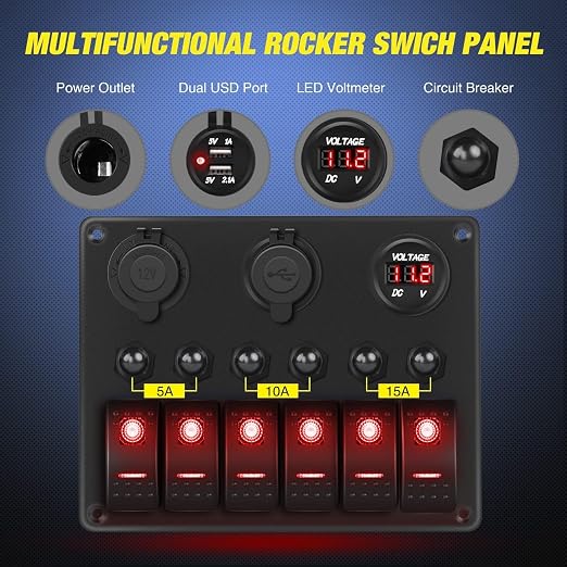 Nilight 6 Gang ON Off Rocker Switch Panel Red Backlit 12V 24V LED Digital Voltmeter 3.1A Dual USB Charger Cigarette Lighter Socket Overload Protection for Cars RVs Boats (90122F)
