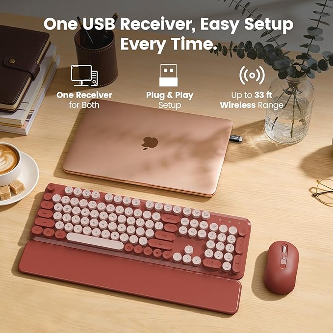 Wireless Keyboard and Mouse Combo with Magnetic Wrist Rest, Round Keycaps, Full-Size Retro Typewriter-Style Keyboard, Two-Stage Tilt Legs, Auto-Sleep, 2.4GHz Wireless for Windows PC Laptop, Wine Red