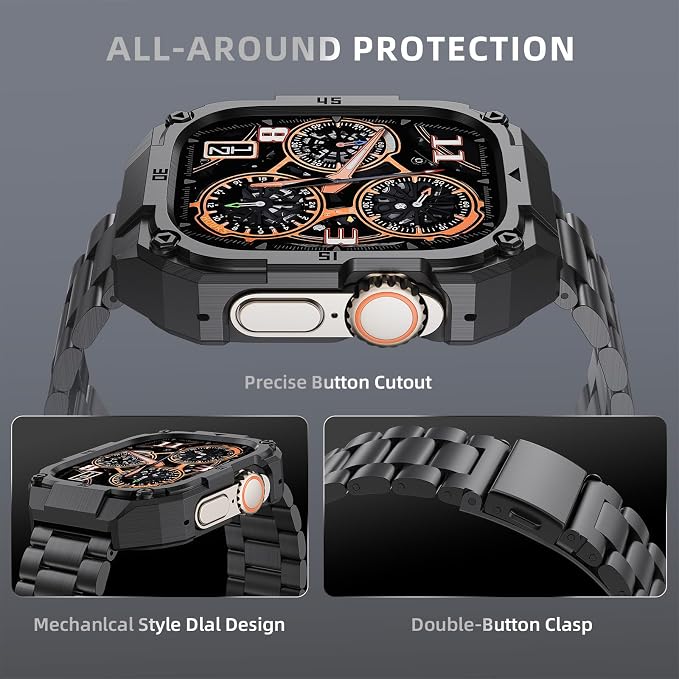 Stainless Steel Case and Band Compatible for Apple Watch Ultra 3/2/1 Band/Apple Watch Band 49mm 46mm 45mm 44mm,Fomal Metal iWatch Band with Case for Men Series 11 10 9 8 7 6 5 4 SE (Black-3, 45mm (Series 9 8 7）)
