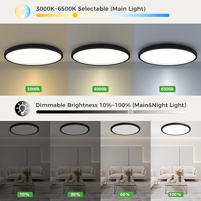 zemty 12 Inch LED Ceiling Light with Night Light 1800K, 3000K/4000K/6500K Dimmable Light Fixtures with Remote Control,24W 2400lm Low Profile Ceiling Lamp for Bedroom LivingRoom Kitchen-Black