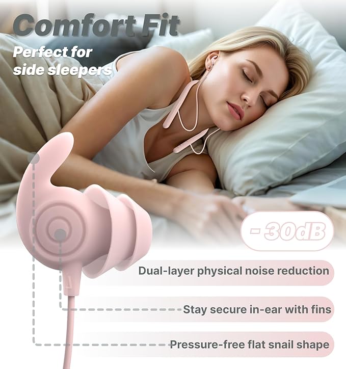 Hmusic HS88 Sleep Earbuds for Side Sleepers – Ultra-Thin Silicone Neckband Headphones, 30dB Noise Isolation, 12H Battery Life with Sleep Timer, Secure Fit for Yoga, Travel, Audiobooks & Meditation