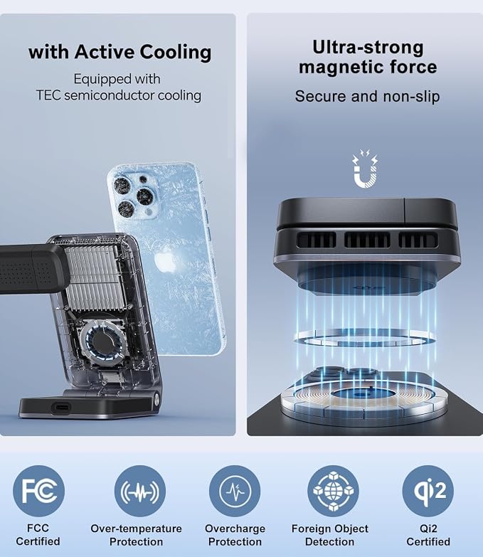 3 in 1 Wireless Charging Station with TEC Active Cooling, Qi2.2 25W Fast Charger for MagSafe Magnetic Foldable Charger Stand