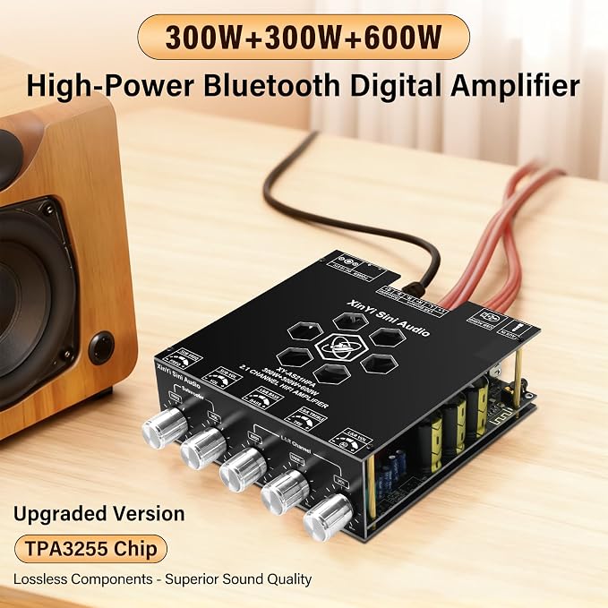 Daakro AS21HPA 2.1 Channel Bluetooth Amplifier Board, 300W*2+600W Peak Power Home Audio Amplifier Board, Amp Wide Voltage Input 19-51V,Supports USB/AUX/BT Input for DIY Wireless Speaker