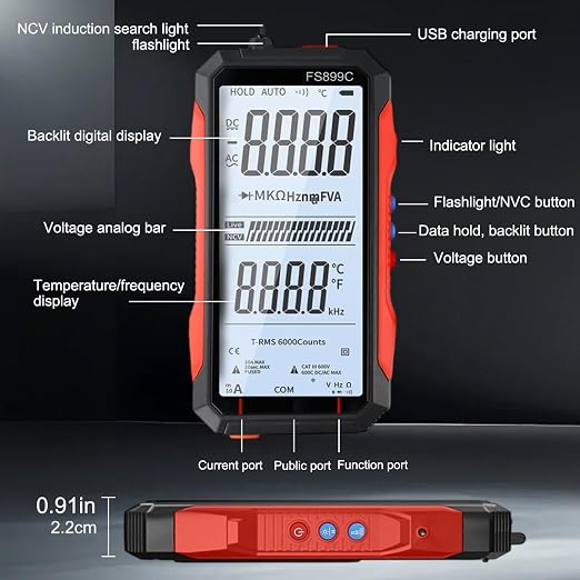 FS899C Digital Multimeter with LCD Screen, USB C Rechargeable Electrical Testing, 6000 Counts True RMS AC/DC Voltage Tester, NCV, Capacitance, Non Voltage Detector for Car, Home