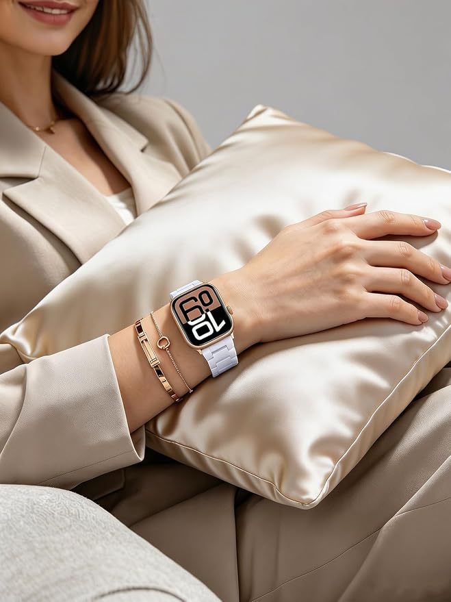 V-MORO Resin Band Compatible with Apple Watch Bands Series 11/10/9/8/7 46mm 45mm 44mm 42mm iWatch 6/5/4/3/2/1/SE with Rose Gold Buckle iWatch Ultra 49mm Lightweight Wristband Strap Women Men,White