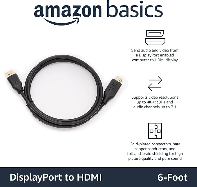 Amazon Basics DisplayPort to HDMI Cable, Uni-Directional, Gold-Plated, Video and Audio, 6 ft, Black, Case of 52