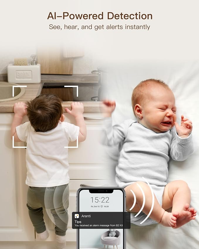 ARENTI Baby Monitor 2 Cameras, Smart Baby Camera with 5-Inch Wireless Display, Super Night Vision, Temperature Sensor, Sound Detection, Auto Motion Tracking, 2-Way Audio, VOX Mode(B2 Set)