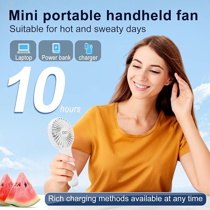 QQT Mini Handheld Fan, Small Personal Cooler with 3 Speeds, Portable Battery Operated, USB Rechargeable Makeup Eyelash Dryer, Strong Airflow for Travel, Office, Outdoor, Women, Men, and Kids(White)