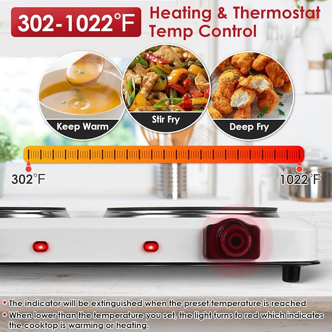 KOCASO 1800W Dual Infrared Burner Hot Plate, 7.5" & 6.3" Glass Cooktop, Stepless Temp Control 302°F-1022°F, Portable Electric Stove for Home, RV, Camping, Dorms