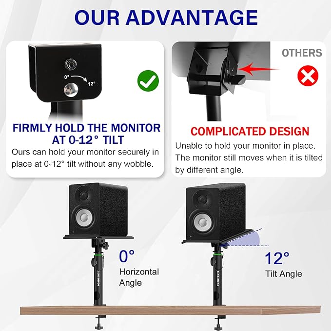 Vondynote Pair of Studio Monitor Stands Desk Clamp Speaker Stands 0-12°Tilt Height Adjustable with Cable Management