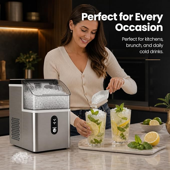 Kismile Nugget Ice Maker Countertop,33Lbs/24H Ice Machine with Chewable Ice,Self-Cleaning Portable Ice Maker with One-Click Operation,for Home/Kitchen/Office(Silver)