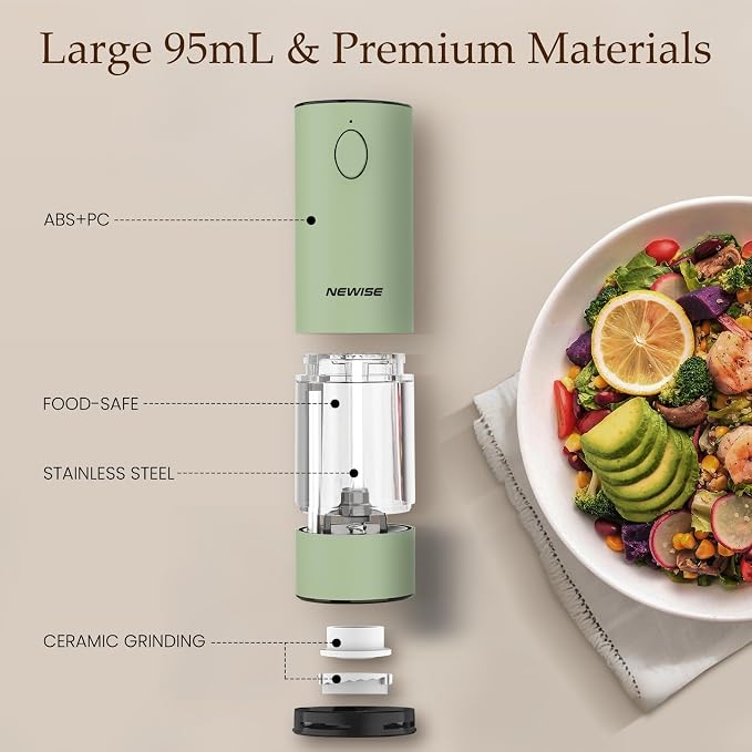 Newise Electric Salt and Pepper Grinder Set Rechargeable with LED Lights, Automatic Pepper & Salt Mill, Adjustable Coarseness, Large Capacity, Green