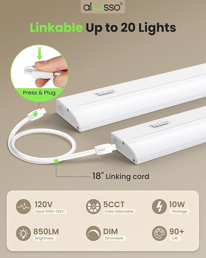 ALUSSO 18 Inch LED Under Cabinet Lighting Hardwired 120V, 5CCT Color Selectable 2700K-5000K Dimmable 10W 800LM High Brightness, CRI 90+ Strip Linkable Under Counter Lights for Kitchen Sink, 2 Pack