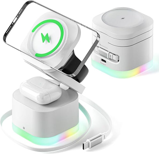 5 in 1 Magnetic Wireless Charger Stand with Night Light, Foldable Wireless Charging Station Built-in Retractable Cable, Travel Wireless Charger White 25W