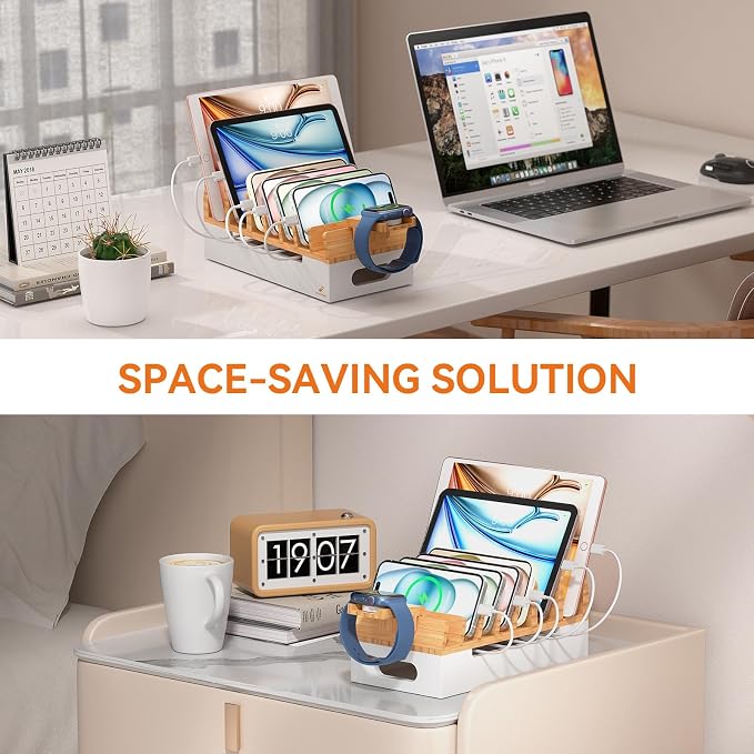 Bamboo Charging Station with Watch Stand, Docking Holder for Multi Device with 5 Charge Cables, Desktop Dock Stations Electronic Organizer for Cellphone, Tablet, Watch(No USB Charger)-Natural + White