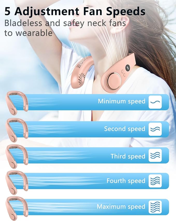 Neck Fan that Blows Cold Air with Cooling Plate, Rechargeable Battery Powered, Portable Silent Mini Neck Air Conditioner, Cordless Leafless Quiet Face Fans for Kid Adults Travel Work Sports, Pink