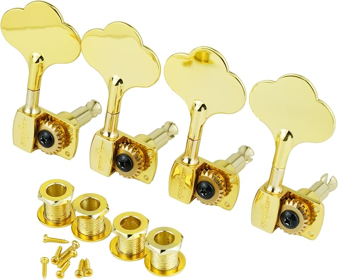 Guyker Bass Tuners (4 for Right) - 1:22 Ratio Gear Open Frame Bass Drop Locking Machine Head Tuning Key Pegs Replacement for Electric Jazz Guitar Bass or Precision Instruments, BB100 Gold