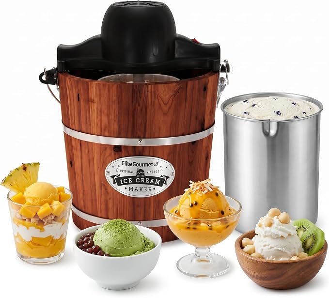 Elite Gourmet EIM418 Old Fashioned 4 Quart Vintage Walnut Wood Bucket, Electric Ice Cream Maker Machine, Uses Ice and Rock Salt Churns Ice Cream in Minutes