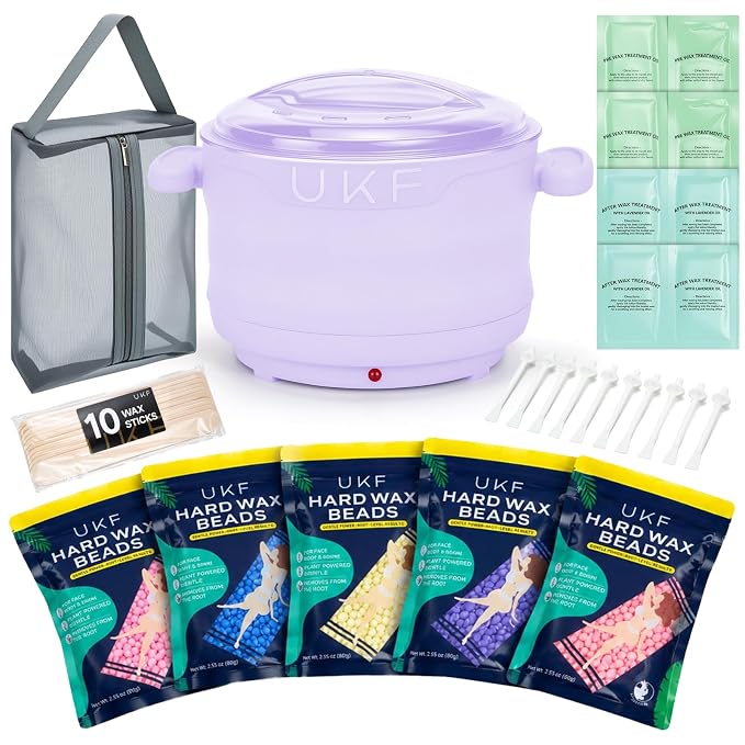 UKF Home Waxing Kit with Hard Wax Beans Complete Hair Removal System with Electric Wax Warmer, Nose & Body Applicators, Pre & Post Care Wipes Gentle Root Level Depilatory for Full Body，Purple