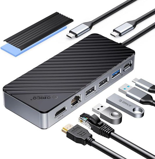 ORICO 8-in-1 USB C Docking Station with M.2 SSD Enclosure, USB-C Hub Fits M.2 NVMe/SATA SSD, 10Gbps, 4K@60Hz HDMI, 100W PD, Ethernet