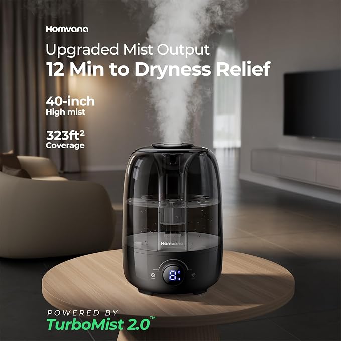 Homvana Humidifiers for Bedroom Diffusers - Top Fill 3.5L Cool Mist Humidifier Large Room, 40H Runtime Diffusers for Home, Air Humidifier for Plants, Baby Nursery, Essential Oil Diffusers (Black)