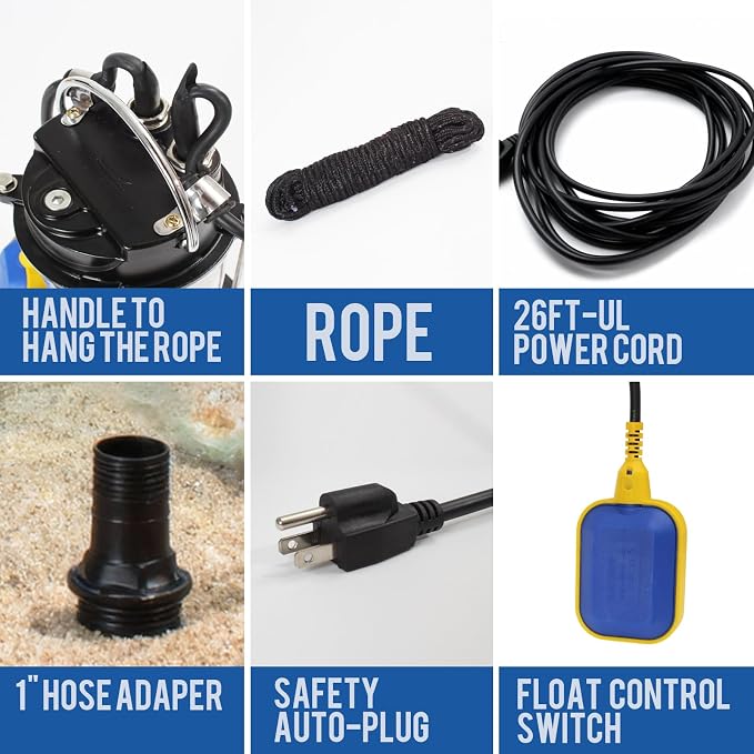1.0HP Submersible Sump Pump Automatic Water Pump w/High Flow 4200 GPH 28ft Max Head, Irrigation, Swimming Pool, Garden Pond, Basement, Wells, 26ft Power Cord Stainless Steel(1HP/28FT)