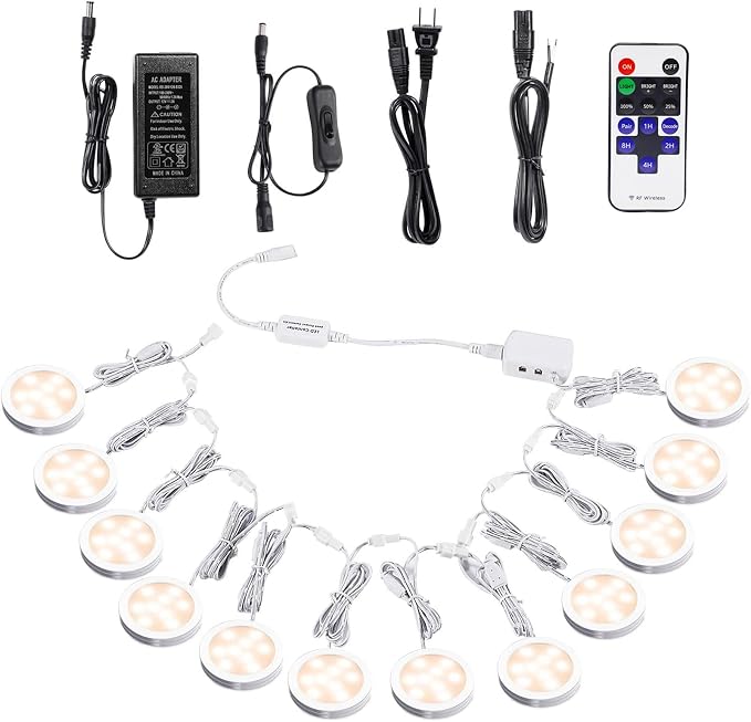 AIBOO Linkable Under Cabinet LED Lighting 12V Dimmable Puck Lights with Wireless RF Remote Control, Hardwired & Wall Plug in for Kitchen Mood Lighting (Warm White, 12 Lights Kit)