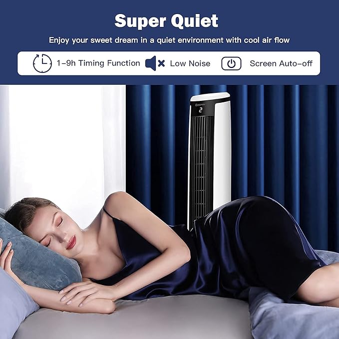 Hysache 3-in-1 Evaporative Air Cooler Humidifier, Portable Bladeless Tower Fan with 9H Time, 3 Modes and 3 Speeds, Remote Control, Display, LED, Ideal for Bedroom, Living Room, Office, White