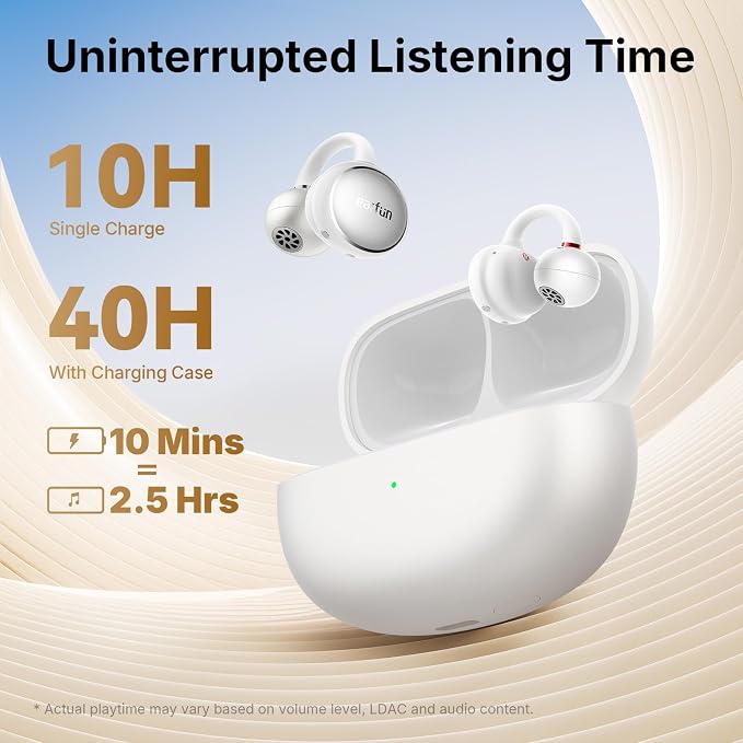 EarFun Clip Open Ear Earbuds, Wireless Clip On Headphones, Adaptive Comfort with Secure Fit, Bluetooth 6.0, LDAC, Hi-Res Audio, 2 Mics AI ENC Call, 40H Playtime, Earbuds for Sports, Running, White