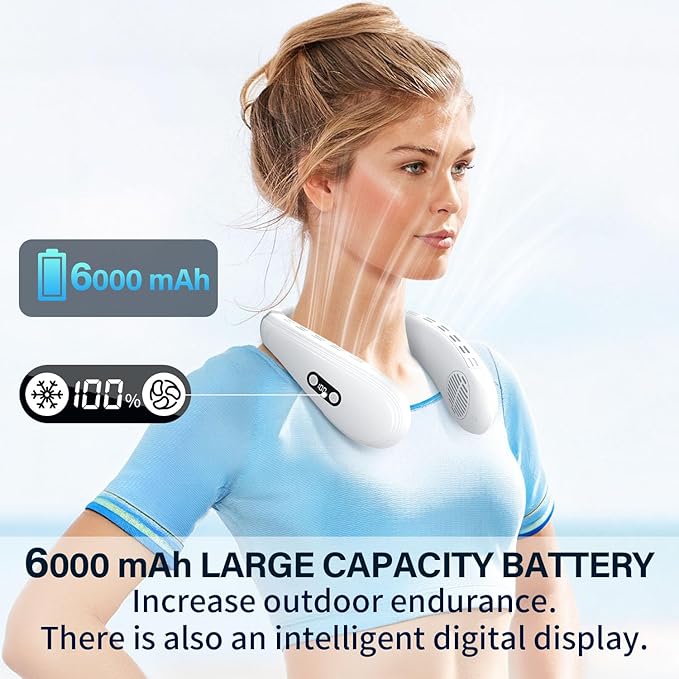 Neck Fan Back-Windy 6000mAh with Cooling Plate Cold Compress Bladeless Portable Thermo-Electric Cooler Rechargeable Holiday Essentials for Women Men Outdoor Camping Gardening Walking(White)