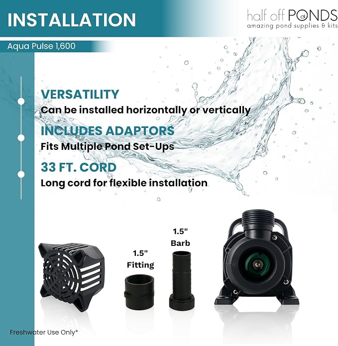 Aqua Pulse Submersible Pond Pump, 1,600 GPH, 33 ft Cord | 18 ft max head, 156W energy efficient, Ultra quiet, For koi ponds, Waterfalls, Fountains