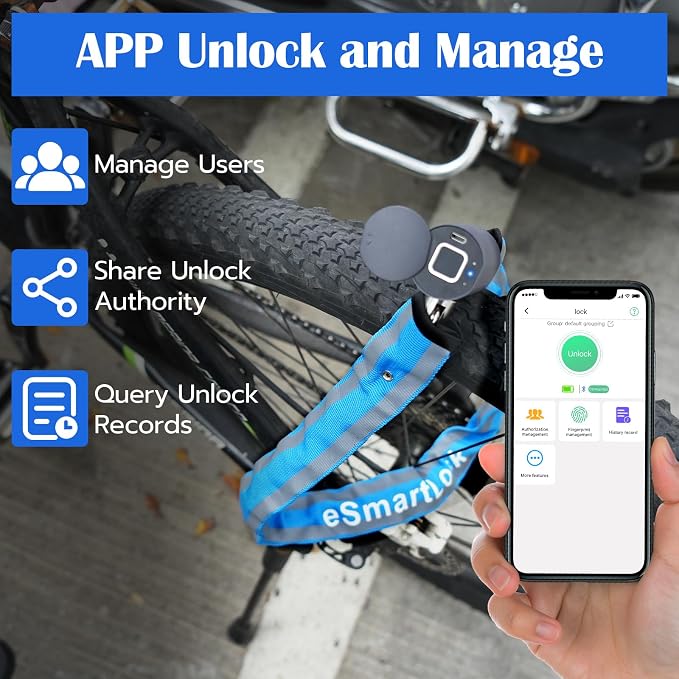 Eseesmart Bike Chain Lock, Fingerprint Bike Locks Heavy Duty Anti Theft, 3.28 Feet Security Bike Locks with APP, Waterproof Smart Cable Lock for Bike, Bicycle, Scooter, Motorcycle, Door, Gate, Fence