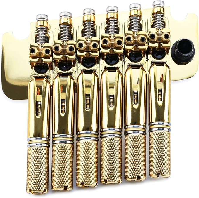 10.5mm Headless Electric Guitar Bridge Gold Brass Block Saddle Hardened Steel Plate 2 point tremolo bridge for Fanned-fret 6 String Headless Electric Guitar Replacement parts