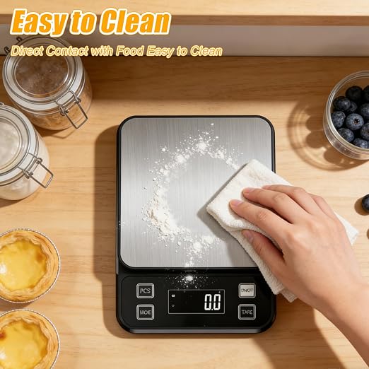 Waterproof Kitchen Scale, 5kg/11lb Food Scale Precisely Measures Grams and Ounces for Baking and Cooking, Stainless Stee Digital Scale with LCD Display Backlight for Food