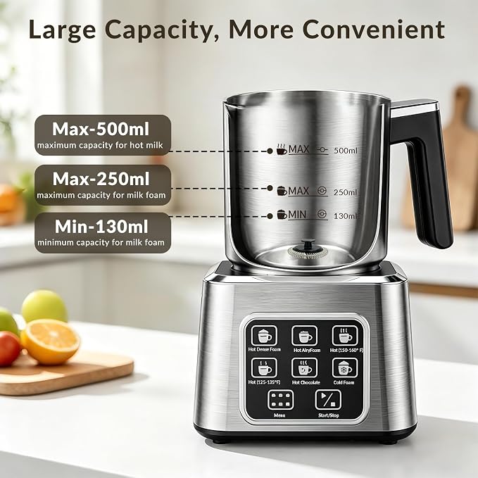 Electric Milk Frother and Steamer, 6-in-1 Automatic Milk Frother Machine with 500ml Milk Warmer, Hot & Cold Froth for Coffee, Latte & Hot Chocolate, Stainless Steel