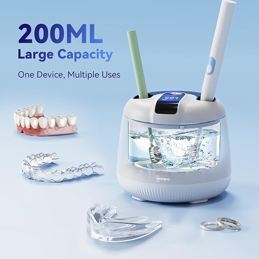 Ultrasonic Retainer Cleaner Machine 48kHz, Dental Cleaning Pod, Ultrasonic Retainer Cleaner for Dentures, Aligners, Mouth Guards, Toothbrush Heads and Jewelry with 200ML Capacity, LAB Supply | Gentle cleaning action works well on mouth guards, toothbru...