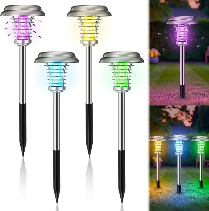4 Pcs Solar Bug Zapper Outdoor Waterproof Mosquito Repellent Light Solar Power Fly Killer Lamps for Moths, Gnats, Fly, Small Flying Insect Backyard Garden Lawn (Plastic,Purple & Colorful Light)