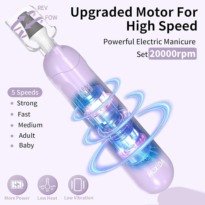 Manicure Pedicure Kit with Case, Professional Nail Grinder for Senior Thick Toenail, Cordless Electric Nail File, 5 Speeds Pedicure Tools for feet Callus Remover (Purple)