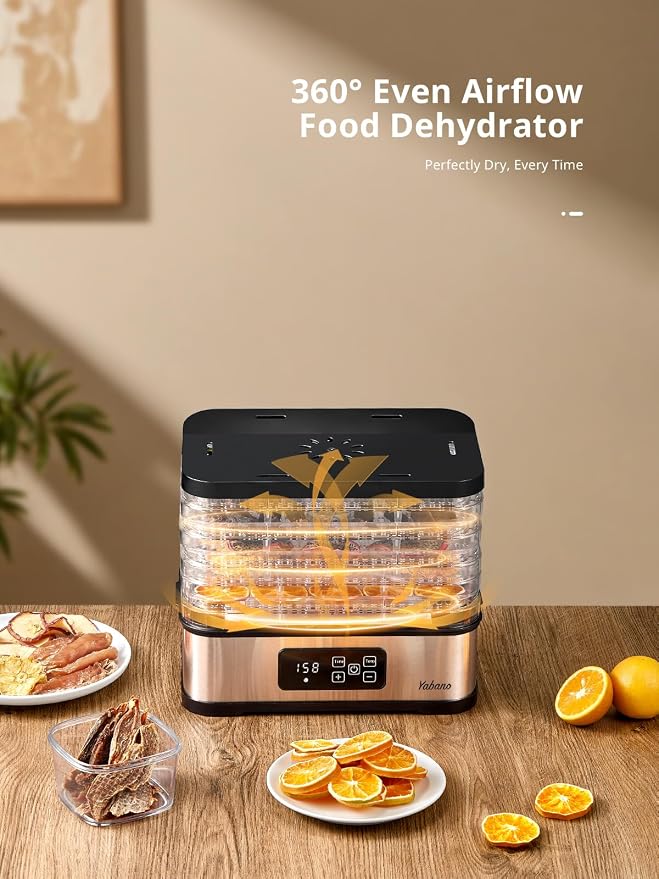 Yabano Food Dehydrator Machine for Home Use, 250W Electric Dryer with Adjustable Timer & Temperature Control, 5 Trays - Digital Presets for Fruit, Meat, Herbs, Jerky