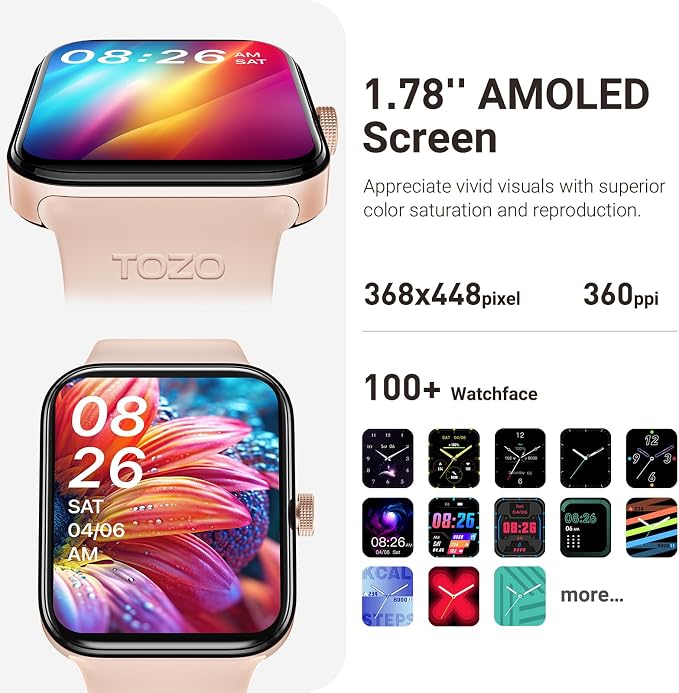 TOZO AMOLED S4 AcuFit One Smart Watch 1.78" Ultra-Clear Screen for Men Women, Call/Answer Fitness Tracker, Sleep Monitor IP68 Waterproof for iOS 11.0+ Android 9.0+ Rose Gold