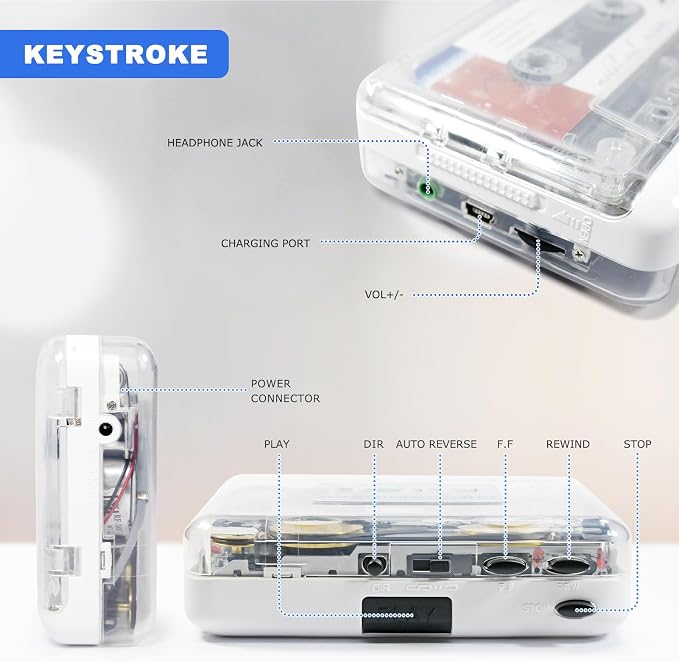 Auto Reverse ＆Clear Stereo Cassette Player,Built-in Cool Copper Wheel Movement＆Earphone,Cassette Tape to MP3 Converter with Tape Converter Software,Powered by USB Power Cord or AA Battery