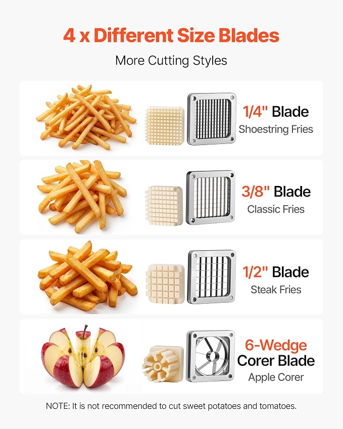 VEVOR French Fry Cutter, Commercial Vegetable Chopper with 4 Replacement Blades, 1/2", 3/8", 1/4" Blade Easy Dicer Chopper and 6-wedge Apple Corer, 420J2 Stainless Steel, for Restaurant Kitchen