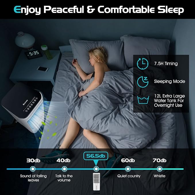 GOFLAME 4-IN-1 Evaporative Air Cooler, Portable Air Cooling Fan Air Humidifier with 4 Ice Packs and Remote Control, Quiet Swamp Fan with 3 Speeds & 4 Modes, 12L Water Tank, 7.5H Timer