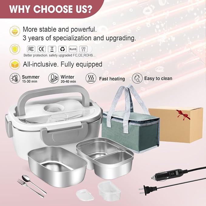 LAVAED Electric Lunch Box for Adults 80W Heatable Lunchbox Warmer Portable for Work Heated Lunchbox Food Heater for Car/Truck/Office/Fast Heating, Portable, BPA Free