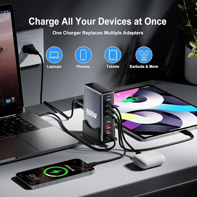 600W Fast Charging 8 Port USB C Charger Block with Nylon Fast Charging Cable, Multi-Device Charging Station Wall Desktop Charger with GaN Ⅲ Technology, USB-C Charger Adapter for MacBook/iPad/iPhone 17