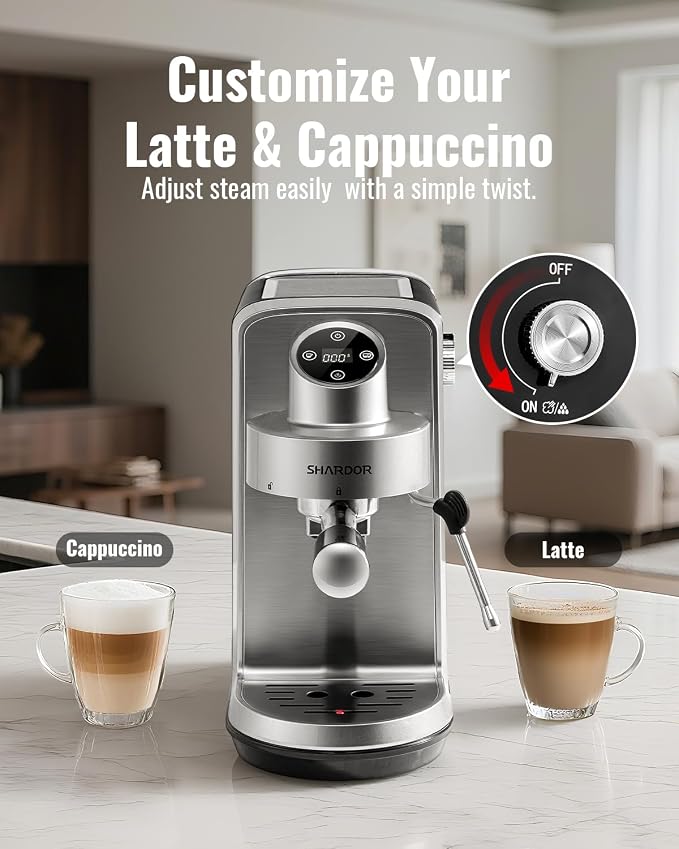 SHARDOR 20 Bar Espresso Machine, Touchscreen Expresso Coffee Machines with Steam Milk Frother for Home, Espresso Coffee Maker for Cappuccino, Latte, 40oz Removable Water Tank, Silver & Black